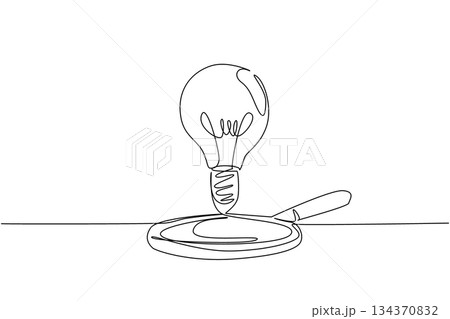 Single continuous line drawing bulb lamp floating above the magnifier glass. The idea is still floating. Looking for the right time. Smart. National Creativity Day. One line design vector illustration Single continuous line drawing bulb lamp floating above the magnifier glass. The idea is still floating. Looking for the right time. Smart. National Creativity Day. One line design vector illustration 134370832