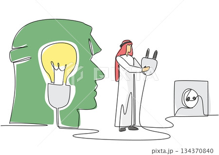 Single one line drawing Arab man stands in front of silhouette of head holds cable into socket. Take a break to recharge the mind. National Creativity Day. Continuous line design graphic illustration Single one line drawing Arab man stands in front of silhouette of head holds cable into socket. Take a break to recharge the mind. National Creativity Day. Continuous line design graphic illustration 134370840