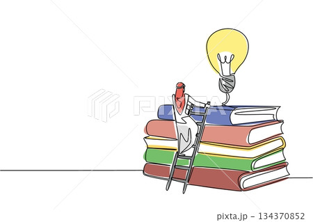 Continuous one line drawing Arab man climbs stack of thick books with lightbulb floating above. Have unlimited creativity. Educate. National Creativity Day. Single line draw design vector illustration Continuous one line drawing Arab man climbs stack of thick books with lightbulb floating above. Have unlimited creativity. Educate. National Creativity Day. Single line draw design vector illustration 134370852