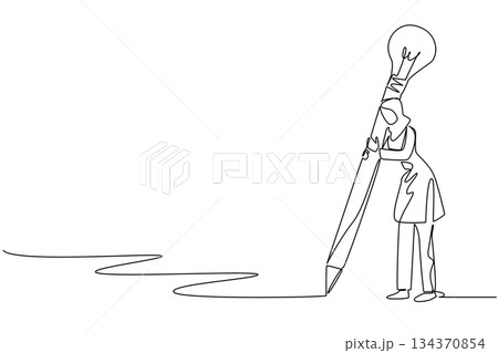 Single continuous line drawing Arab woman writes using a big pencil with a lightbulb at the end. Being creative through writing. Education. National Creativity Day. One line design vector illustration 134370854