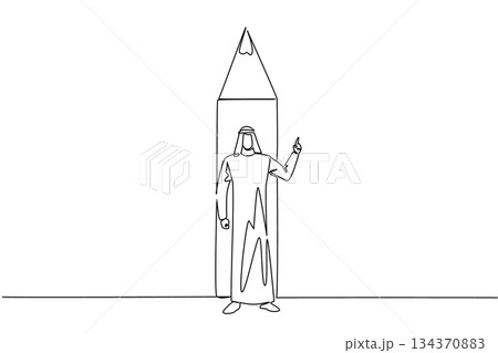 Continuous one line drawing Arab man stands in front of bottom end of pencil with gesture. Write down creative and brilliant ideas. National Creativity Day. Single line draw design vector illustration 134370883