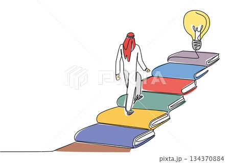 Single continuous line drawing young Arabian man walks on stairs made of books and a floating lightbulb. Towards brilliance. Education. National Creativity Day. One line design vector illustration 134370884