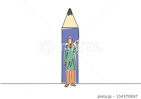 Continuous one line drawing Arab woman stands in front of bottom end of pencil with a gesture. Creating iconic and new ideas. National Creativity Day. Single line draw design vector illustration 134370897