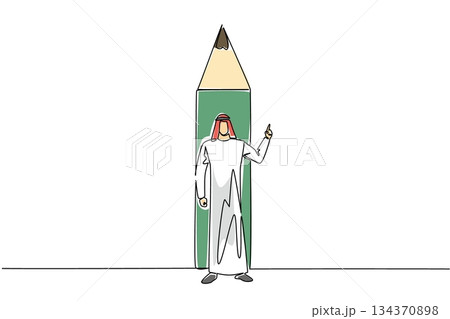 Continuous one line drawing Arab man stands in front of bottom end of pencil with gesture. Write down creative and brilliant ideas. National Creativity Day. Single line draw design vector illustration 134370898