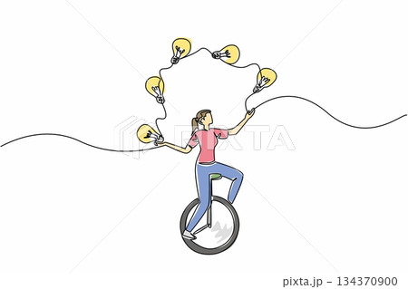 Continuous one line drawing a woman in casual clothes riding unicycle and juggling 5 light bulbs. Sharpen brain by playing balance. National Creativity Day. Single line draw design vector illustration Continuous one line drawing a woman in casual clothes riding unicycle and juggling 5 light bulbs. Sharpen brain by playing balance. National Creativity Day. Single line draw design vector illustration 134370900