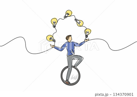 Single one line drawing a man in casual clothes riding unicycle and juggling 5 light bulbs. Train balance and creativity. Creative. National Creativity Day. Continuous line design graphic illustration Single one line drawing a man in casual clothes riding unicycle and juggling 5 light bulbs. Train balance and creativity. Creative. National Creativity Day. Continuous line design graphic illustration 134370901