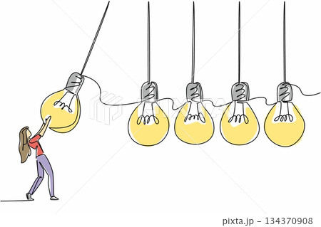 Continuous one line drawing a businesswoman holds a lightbulb and swings it at 4 lightbulbs in a row. Pendulum of encouragement. National Creativity Day. Single line draw design vector illustration 134370908