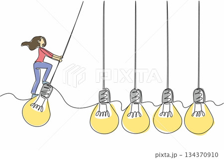Single continuous line drawing woman stands on lightbulb with both hands hold the light cord and swings. Playing with brilliant ideas. National Creativity Day. One line design vector illustration 134370910
