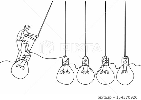 Continuous one line drawing man stands on lightbulb with both hands hold light cord and swings. Trying to offer the best opinion. National Creativity Day. Single line draw design vector illustration Continuous one line drawing man stands on lightbulb with both hands hold light cord and swings. Trying to offer the best opinion. National Creativity Day. Single line draw design vector illustration 134370920