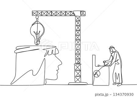 Single continuous line drawing Arab man controls crane inserts lightbulb into big open silhouette of a head. How to control the mind. National Creativity Day. One line design vector illustration 134370930