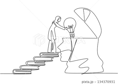 Continuous one line drawing Arab woman walks carry big lightbulb towards silhouette of head with open top. Mind washing. Clean. National Creativity Day. Single line draw design vector illustration 134370931