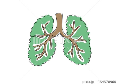 Single continuous line drawing branches with leafy leaves form lungs. Healthy air has good effect on lungs. Breathe clearer with a green environment. Tree Concept. One line design vector illustration Single continuous line drawing branches with leafy leaves form lungs. Healthy air has good effect on lungs. Breathe clearer with a green environment. Tree Concept. One line design vector illustration 134370960