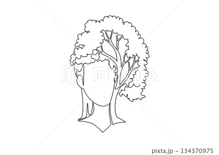 Single continuous line drawing face stuck to a tree trunk with shady leaves and thick roots. The art of carving plants that resemble humans. Symbol. Tree Concept. One line design vector illustration 134370975