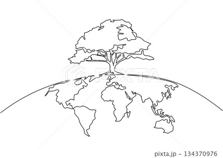 Single one line drawing trees grow on the semicircular surface of the globe. Trees grow to shade the countries. Greening for the earth. Eco. Tree Concept. Continuous line design graphic illustration 134370976