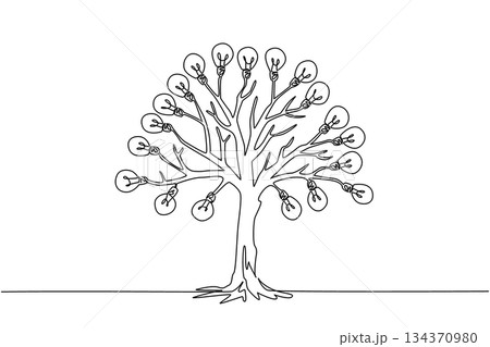 Single continuous line drawing a tree with many branches and fruit that is lightbulbs. Many ideas and creativity originate from clear air. Solution. Tree Concept. One line design vector illustration 134370980