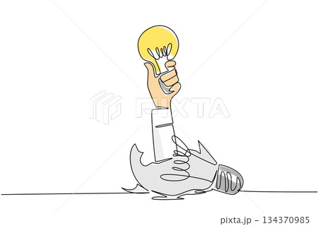 Single one line drawing Arabian hand holding bulb out of broken lightbulb. Surviving and growing from failure. A brilliance. Smart. National Creativity Day. Continuous line design graphic illustration 134370985