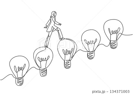 Single continuous line drawing Arab woman walks on lightbulb resemble stairs. Walk up the level with confidence. Getting past the deadlock. National Creativity Day. One line design vector illustration Single continuous line drawing Arab woman walks on lightbulb resemble stairs. Walk up the level with confidence. Getting past the deadlock. National Creativity Day. One line design vector illustration 134371003