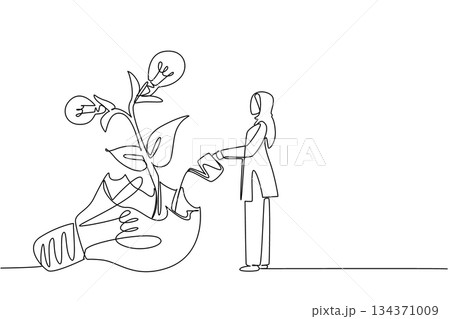 Single continuous line drawing Arab woman waters plant with lightbulb fruit growing from inside broken lightbulb. The wisdom of failure. National Creativity Day. One line design vector illustration Single continuous line drawing Arab woman waters plant with lightbulb fruit growing from inside broken lightbulb. The wisdom of failure. National Creativity Day. One line design vector illustration 134371009