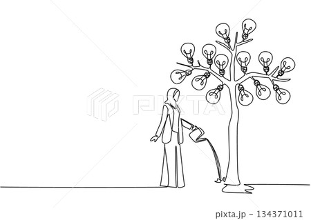 Single continuous line drawing Arab businesswoman waters a big tree bearing light bulbs with watering can. Real action to care for an idea. National Creativity Day. One line design vector illustration Single continuous line drawing Arab businesswoman waters a big tree bearing light bulbs with watering can. Real action to care for an idea. National Creativity Day. One line design vector illustration 134371011