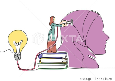 Single continuous line drawing Arab woman stand on pile of thick books holds cable connected to big lightbulb. Knowledge and solutions. National Creativity Day. One line design vector illustration Single continuous line drawing Arab woman stand on pile of thick books holds cable connected to big lightbulb. Knowledge and solutions. National Creativity Day. One line design vector illustration 134371026