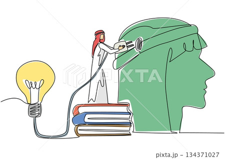 Continuous one line drawing Arab man stand on pile of thick books holds cable connected to big lightbulb. Knowledge and creativity. National Creativity Day. Single line draw design vector illustration 134371027