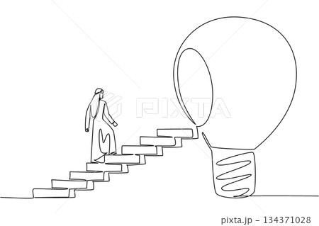 Single one line drawing Arab man walks up ladder towards big lightbulb with hole in center. Decision to move up a class. Education. National Creativity Day. Continuous line design graphic illustration Single one line drawing Arab man walks up ladder towards big lightbulb with hole in center. Decision to move up a class. Education. National Creativity Day. Continuous line design graphic illustration 134371028
