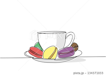 Continuous one line drawing a cup with a base filled with colorful macarons. A cup of warm coffee or tea with sweet treats. Tasty. National Macaron Day. Single line draw design vector illustration 134371033