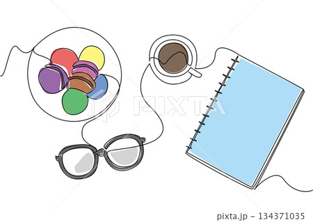 Single continuous line drawing colorful macarons on a plate, with a cup of tea, notepad, pen and glasses. Starting the morning at the office. National Macaron Day. One line design vector illustration Single continuous line drawing colorful macarons on a plate, with a cup of tea, notepad, pen and glasses. Starting the morning at the office. National Macaron Day. One line design vector illustration 134371035
