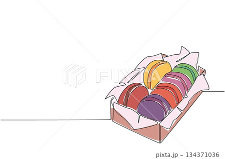 Continuous one line drawing colorful macarons in a cake box. Order and takeout. Enjoy the warmth and togetherness. Delicious snack. National Macaron Day. Single line draw design vector illustration Continuous one line drawing colorful macarons in a cake box. Order and takeout. Enjoy the warmth and togetherness. Delicious snack. National Macaron Day. Single line draw design vector illustration 134371036