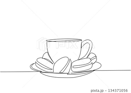 Continuous one line drawing a cup with a base filled with colorful macarons. A cup of warm coffee or tea with sweet treats. Tasty. National Macaron Day. Single line draw design vector illustration 134371056