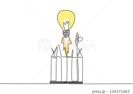 Continuous one line drawing bottom of lightbulb emits fire like flying rocket destroys top of iron cage. Unlimited creativity. National Creativity Day. Single line draw design vector illustration 134371063