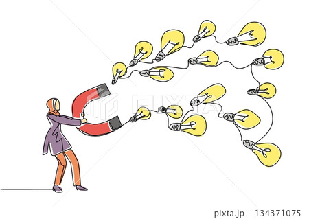 Single continuous line drawing Arab businesswoman holds big magnet attracting various sized lightbulbs. Efforts to create creativity. National Creativity Day. One line design vector illustration Single continuous line drawing Arab businesswoman holds big magnet attracting various sized lightbulbs. Efforts to create creativity. National Creativity Day. One line design vector illustration 134371075