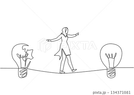 Single one line drawing Arab businesswoman walks on tightrope from broken lightbulb to whole lightbulb. Risk produces success. National Creativity Day. Continuous line design graphic illustration Single one line drawing Arab businesswoman walks on tightrope from broken lightbulb to whole lightbulb. Risk produces success. National Creativity Day. Continuous line design graphic illustration 134371081