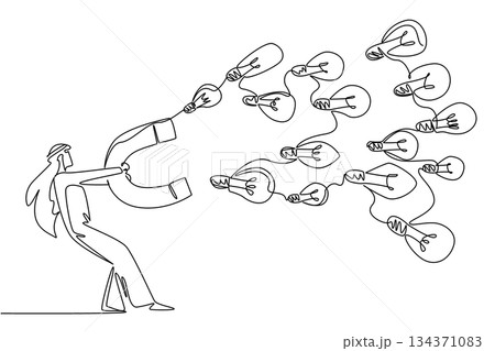 Single one line drawing Arab businessman holds big magnet attracting various sized lightbulbs. Try the best for multiple profits. National Creativity Day. Continuous line design graphic illustration Single one line drawing Arab businessman holds big magnet attracting various sized lightbulbs. Try the best for multiple profits. National Creativity Day. Continuous line design graphic illustration 134371083