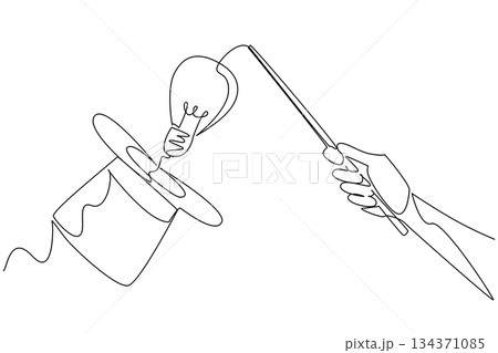 Single continuous line drawing hand holds magic wand and points it at magic hat emits a lightbulb. Performances add value to creativity. National Creativity Day. One line design vector illustration 134371085