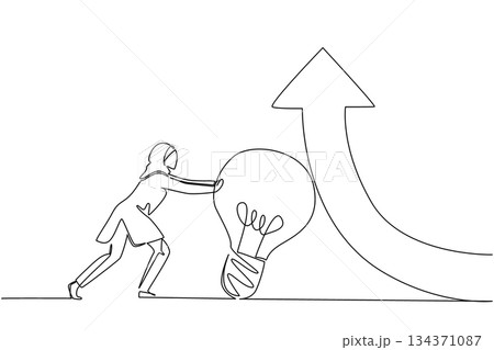 Continuous one line drawing Arab businesswoman pushes lightbulb that holds an arrow that it turns upwards. Best effort to level up. National Creativity Day. Single line draw design vector illustration Continuous one line drawing Arab businesswoman pushes lightbulb that holds an arrow that it turns upwards. Best effort to level up. National Creativity Day. Single line draw design vector illustration 134371087
