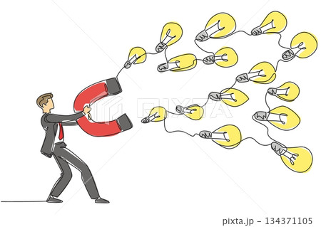 Continuous one line drawing a businessman holds big magnet attracting various sized lightbulbs. Collecting many solutions. Idea. National Creativity Day. Single line draw design vector illustration Continuous one line drawing a businessman holds big magnet attracting various sized lightbulbs. Collecting many solutions. Idea. National Creativity Day. Single line draw design vector illustration 134371105