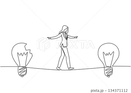 Single one line drawing a businesswoman walks on tightrope from broken lightbulb to a whole lightbulb. Fixing a risky situation. National Creativity Day. Continuous line design graphic illustration 134371112
