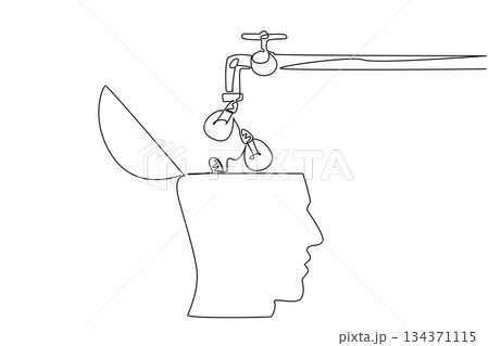 Continuous one line drawing the tap takes out the bulb lamp and fills the exposed human head. Learn to add new skills. Adaptation. National Creativity Day. Single line draw design vector illustration 134371115