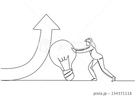 Single continuous line drawing a businesswoman pushes a bulb lamp that holds an arrow so that it turns upwards. Work smart to level up. National Creativity Day. One line design vector illustration 134371118