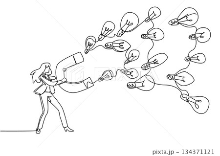 Single continuous line drawing a businesswoman holds a large magnet attracting various sized light bulbs. Attracting many creative ideas. National Creativity Day. One line design vector illustration Single continuous line drawing a businesswoman holds a large magnet attracting various sized light bulbs. Attracting many creative ideas. National Creativity Day. One line design vector illustration 134371121