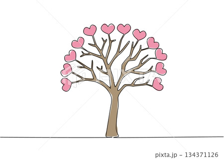 Single one line drawing tree with many branches and fruit heart symbol. Symbol of affection for plant lovers. Plant and care for it with love. Tree Concept. Continuous line design graphic illustration 134371126