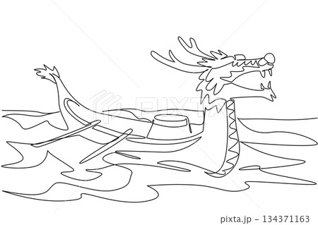 Continuous one line drawing dragon boat without passengers filled with drums sail on the sea full of waves. Annual celebration at sea. Dragon Boat Festival. Single line draw design vector illustration Continuous one line drawing dragon boat without passengers filled with drums sail on the sea full of waves. Annual celebration at sea. Dragon Boat Festival. Single line draw design vector illustration 134371163