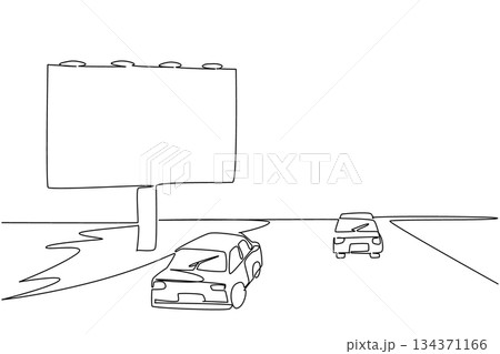 Continuous one line drawing billboards on the side of the highway and several cars. High cost digital marketing. Profitable area. National Billboard Day. Single line draw design vector illustration 134371166