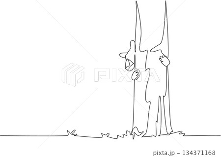 Continuous one line drawing black bear hugging a tree trunk with its head sticking out from behind the tree. Playing while hunting. National Black Bear Day. Single line draw design vector illustration Continuous one line drawing black bear hugging a tree trunk with its head sticking out from behind the tree. Playing while hunting. National Black Bear Day. Single line draw design vector illustration 134371168