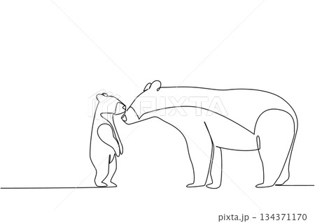 Single continuous line drawing baby black bear stands on its hind legs and kisses its mother. Greetings before hunting in the wild. Bond. National Black Bear Day. One line design vector illustration Single continuous line drawing baby black bear stands on its hind legs and kisses its mother. Greetings before hunting in the wild. Bond. National Black Bear Day. One line design vector illustration 134371170
