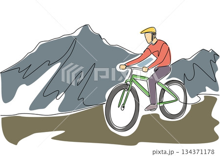 Single one line drawing a man riding a trail bike on a gentle track with a mountain background. Cycling with a refreshing view. Biker. National Trails Day. Continuous line design graphic illustration Single one line drawing a man riding a trail bike on a gentle track with a mountain background. Cycling with a refreshing view. Biker. National Trails Day. Continuous line design graphic illustration 134371178