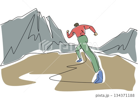 Continuous one line drawing a man running on a mountain track. Jogging in the cool morning atmosphere of the mountains. Sweating. National Trails Day. Single line draw design vector illustration 134371188