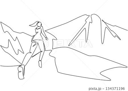 Single continuous line drawing a woman running on a mountain track. Stay enthusiastic even though it is holiday. Adventurer. Training. Jogging. National Trails Day. One line design vector illustration 134371196