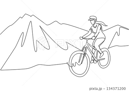 Single continuous line drawing a woman riding trail bike on a gentle track with a mountain background. Spending the weekend in an unusual way. National Trails Day. One line design vector illustration 134371200